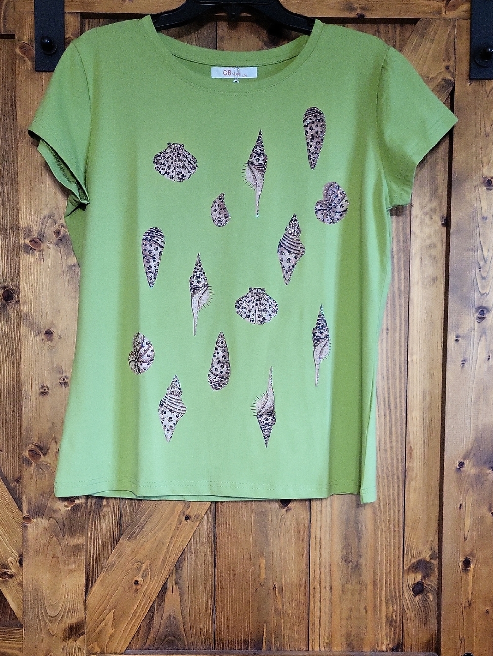 Gianni Bini Lime Green Shell-Print Short Sleeve Tee With Sparkles ,Pit To Pit 21